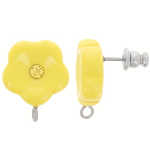 Orecchini perno fiore in resina 15 mm con strass - Sunshine yellow x2