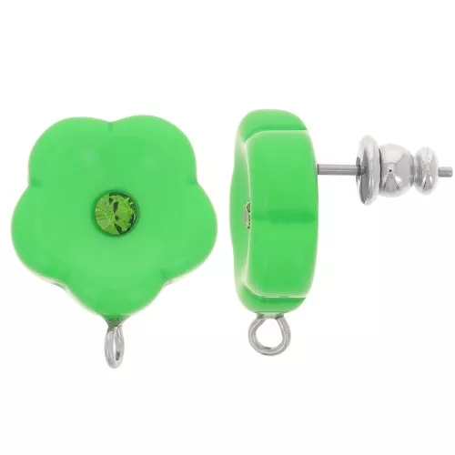 Orecchini perno fiore in resina 15 mm con strass - Verde prateria x2