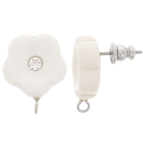 Orecchini perno fiore in resina 15 mm con strass - Avorio x2
