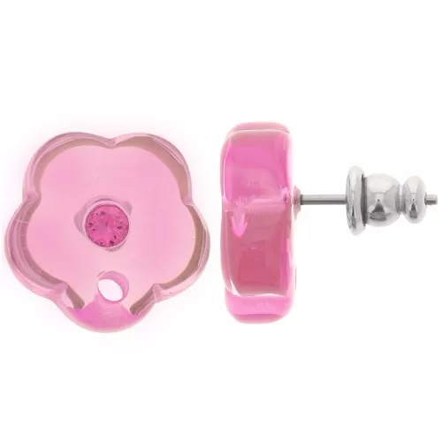 Orecchini perno fiore in resina trasparente da 15 mm con strass - Rosa x2
