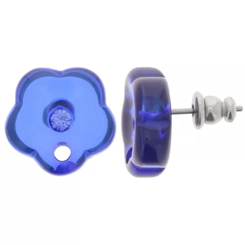 Orecchini perno fiore in resina trasparente 15 mm con strass - Royal Blue x2