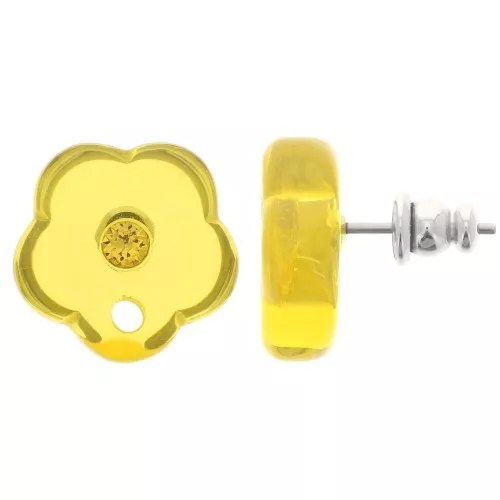 Orecchini perno fiore in resina trasparente 15 mm con strass - giallo sole x2
