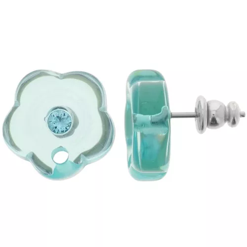 Orecchini perno fiore in resina trasparente 15 mm con strass - Verde acqua x2