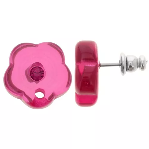 Orecchini perno fiore in resina trasparente 15 mm con strass - Rosa scuro x2