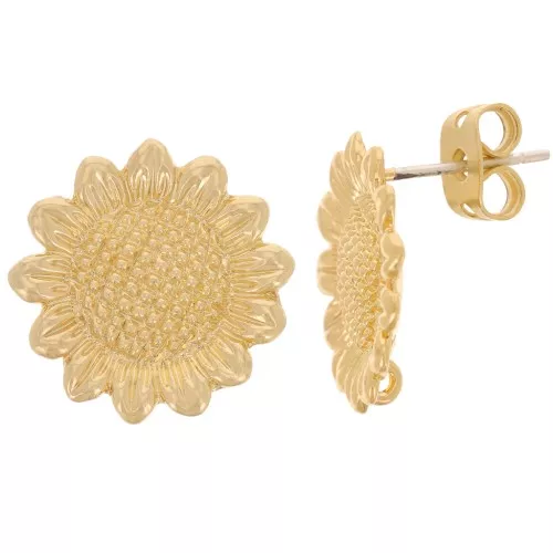 Orecchini perno girasole da 15 mm con cerchio aperto - dorato oro fino x2