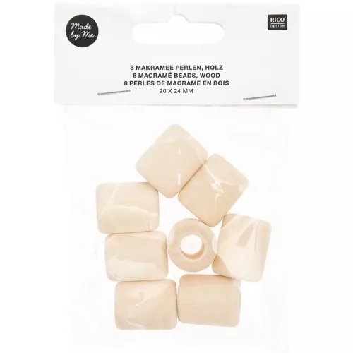 Set di 8 perline tubolari in legno grezzo a fori grandi 24x20 mm per macramè - Naturale