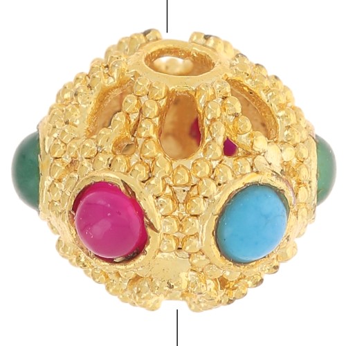 Perlina rotonda appiattita in filigrana 9x8mm con pietre colorate Onice dorato x1