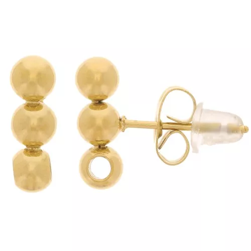 Orecchini perno barretta 3 palline 12x4 mm con foro Acciaio inox 304L dorato x2