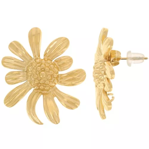 Orecchini perno con fiore margherita 28x24mm anello aperto Acciaio 304L dorato x2