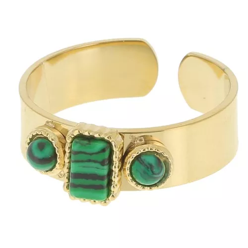 Anello con 3 pietre semipreziose S.55-60 - Acciaio inox316L dorato Malachite