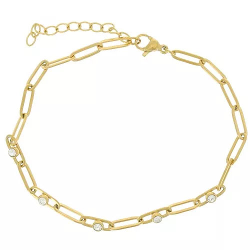 Bracelet maille Rectangle 3.2 mm & oxydes zirconium - Acier inox 304L Doré x17cm
