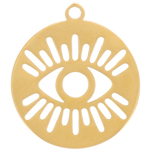 Ciondolo rotondo da 12 mm - Motivo occhio traforato - Acciaio inox 316L dorato x1