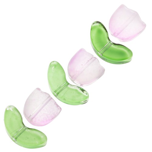 Set di 6 perle Tulipano in vetro - 14 mm - Fiore rosa - Verde