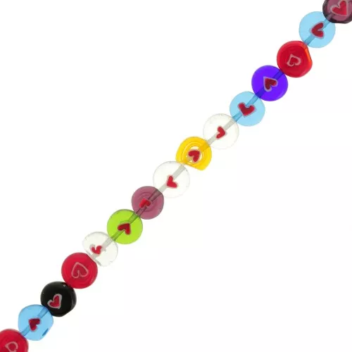 Perline tonde piatte in vetro Millefiori 10 mm - motivo a cuore - Multicolore x35cm