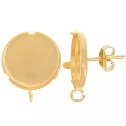 Orecchini perno per cabochon da 15 mm - retro aperto - dorato con oro fino x2