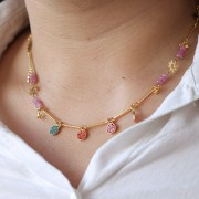 Ciondolo rotondo da 7 mm con strass - Oro - Arancione x1