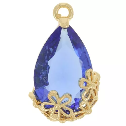 Pendente goccia in vetro sfaccettato con fiori 16x9 mm - Oro - Blu x1