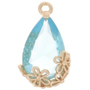 Pendente goccia in vetro sfaccettato con fiori 16x9 mm - Oro - Blu turchese x1