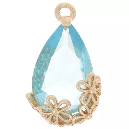 Pendente goccia in vetro sfaccettato con fiori 16x9 mm - Oro - Blu turchese x1