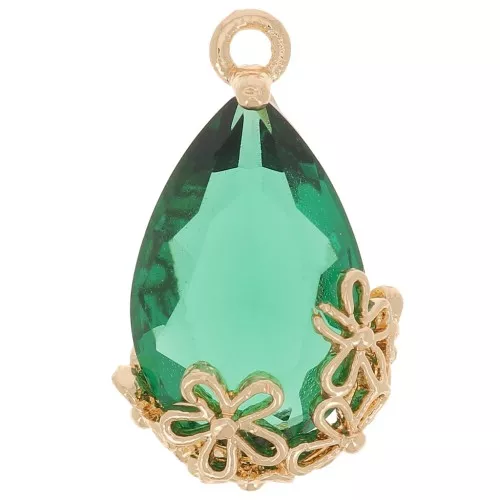 Pendente goccia in vetro sfaccettato con fiori 16x9 mm - Oro - Smeraldo x1