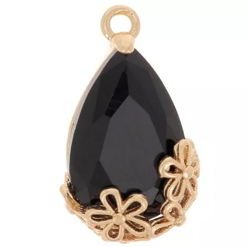 Pendente goccia in vetro sfaccettato con fiori 16x9 mm - Oro - Nero x1