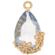 Pendente goccia in vetro sfaccettato con fiori 16x9 mm - Oro - Azzurro x1