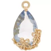 Pendente goccia in vetro sfaccettato con fiori 16x9 mm - Oro - Azzurro x1