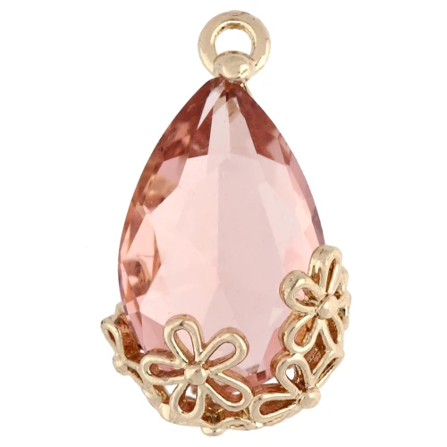 Pendente goccia in vetro sfaccettato con fiori 16x9 mm - Oro - Rosa salmone x1