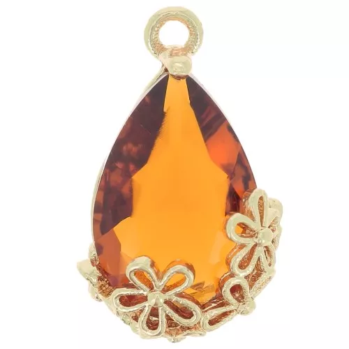 Pendente a goccia in vetro sfaccettato con fiori 16x9 mm - Oro - Cognac x1