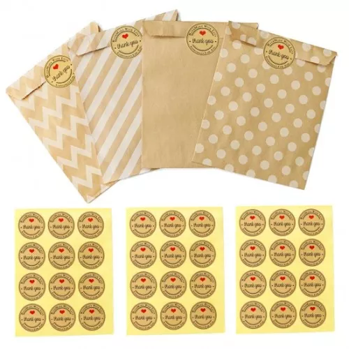 Set di 24 pochette in carta kraft fantasia 17x13 cm e 24 etichette rotonde