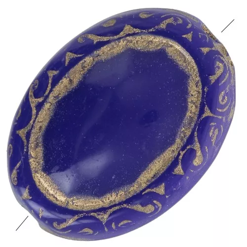 Perline ovali piatte incise 17x13 mm stile vintage - Blu reale - Oro x5