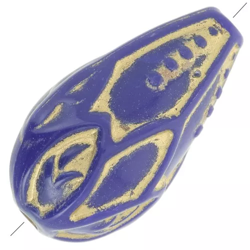 Perle pera lavorate 20x11 mm stile vintage - Blu reale - Oro x5