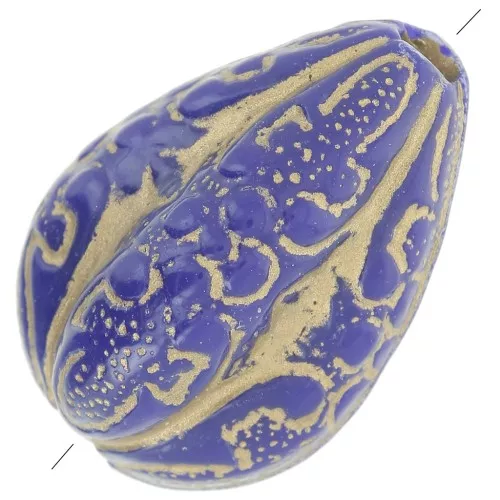 Perle goccie incise 18x13 mm in stile vintage - Blu reale - Oro x5
