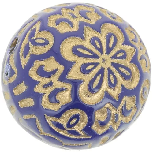 Perline rotonde incise 14 mm stile vintage - Blu reale - Oro x5