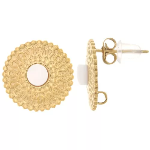 Orecchini tondi strutturati 14 mm -madreperla cabochon acciaio inox 304L dorato x2
