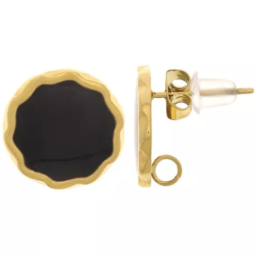 Orecchini tondi da 13 mm in resina epossidica - Acciaio inox304L dorato - Nero x2