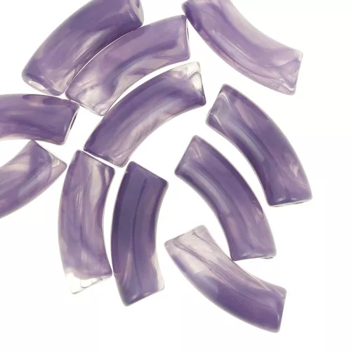 Perline tubolari curve in acrilico trasparente 35x11 mm - Viola scuro marmorizzato x6