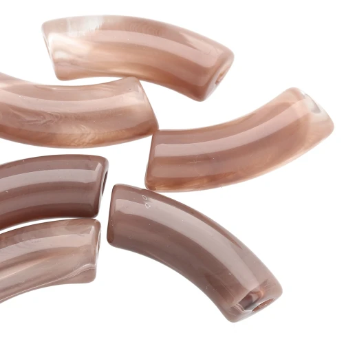Perline tubolari curve in acrilico trasparente 35x11 mm - Marrone marmorizzato x6