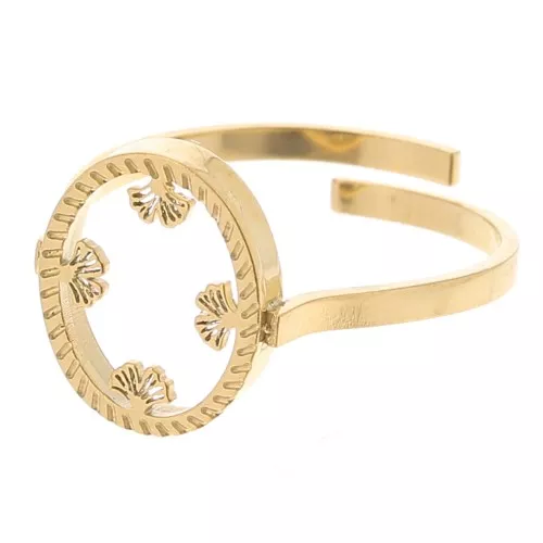 Anello ovale regolabile - motivo ginkgo - cabochon piatto 10x8 mm - Acciaio inossidabile 316L dorato