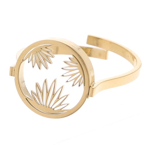 Anello rotondo regolabile - floreale - Cabochon piatto 10 mm Acciaio 316L dorato