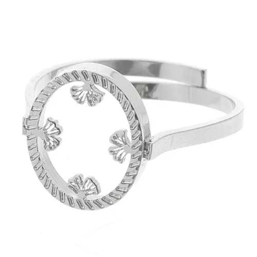 Anello ovale regolabile - motivo ginkgo - cabochon piatto 10x8 mm - acciaio inossidabile 316L