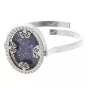 Anello ovale regolabile - motivo ginkgo - cabochon piatto 10x8 mm - acciaio inossidabile 316L