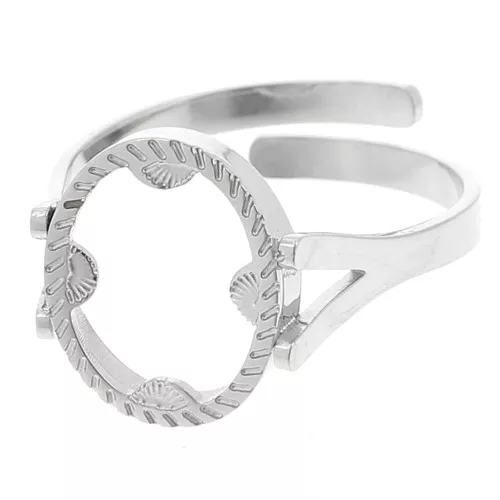 Anello ovale regolabile - motivo mezzo sole - cabochon piatto 10x8 mm - acciaio inossidabile 316L