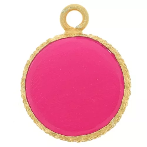 Ciondolo rotondo piatto da 10 mm castone testurizzato Oro Calcedonio rosa fine