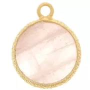 Ciondolo rotondo piatto da 10 mm castone testurizzato - Oro fino - Quarzo rosa