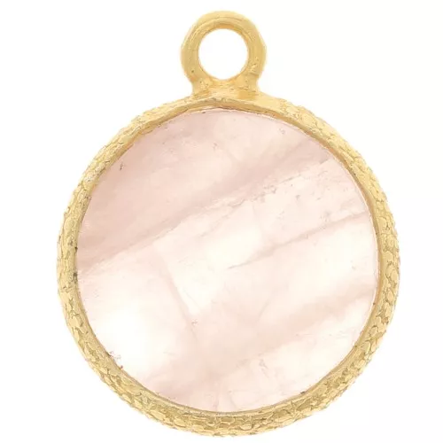 Ciondolo rotondo piatto da 10 mm castone testurizzato - Oro fino - Quarzo rosa
