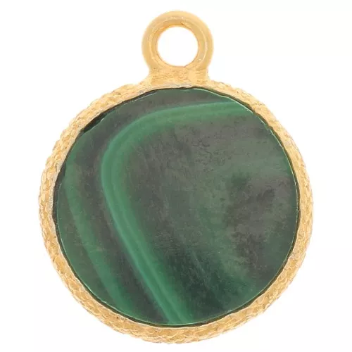 Ciondolo rotondo piatto da 10 mm castone testurizzato - Oro fino - Malachite