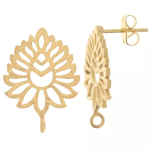 Orecchini con perno a foglia traforata e cerchio traforato 23x17 mm - Dorati con oro fino x2
