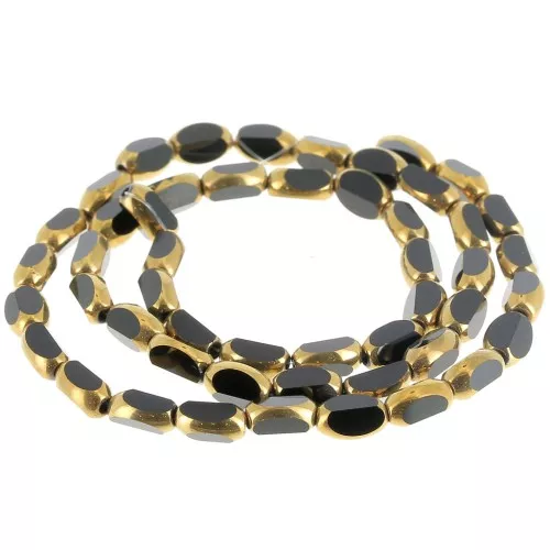 Perle olive sfaccettate 7x4 mm in vetro - Jet - Oro x31cm