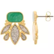 Orecchini design 22x20 mm -dorato oro fino - Glitter argentati - Perla verde x2